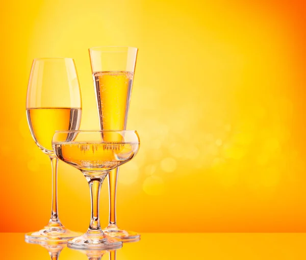 Three Champagne Glasses Sparkling Wine Yellow Background Copy Space — Stock Photo, Image