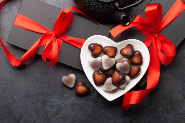 Valentýna Tvaru Čokoládových Bonbónů Dárkových Krabic Horní Pohled Byt Ležel — Stock fotografie