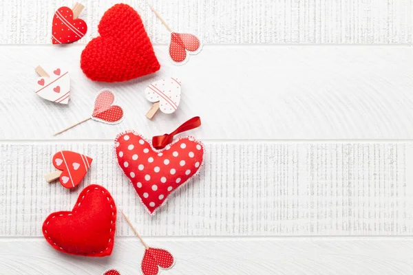 Valentines Day Heart Decor Wooden Backdrop Top View Flat Lay — 图库照片
