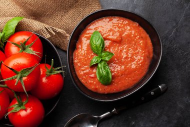 Ev yapımı soğuk gazpacho çorbası ve taze domates. Üst görünüm düzlüğü