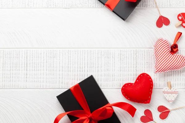 Valentines Day Heart Decor Gift Boxes Wooden Backdrop Top View — 图库照片