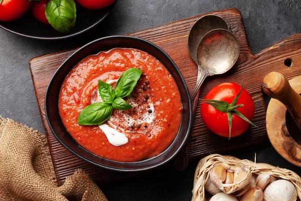 Homemade Cooking Cold Gazpacho Soup Fresh Garden Tomatoes Top View — Stock Photo, Image