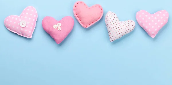 Valentines Day Handmade Craft Hearts Blue Background Copy Space — Stock Photo, Image