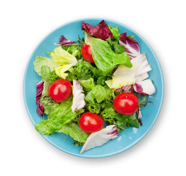 Färsk Hälsosam Sallad Med Tomater Friska Livsmedel Isolerad Vit Bakgrund — Stockfoto