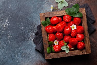 Taş masadaki kutuda olgun bahçe çileği. Üst görünüm düzlüğü kopyalama alanı ile yatıyordu