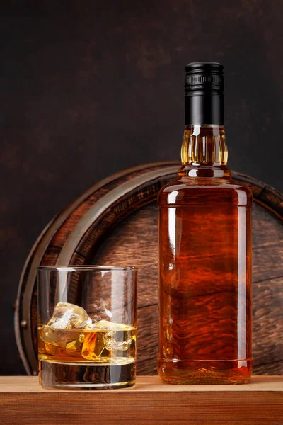 Scotch Whiskey Bottle Glass Old Wooden Barrel Copy Space — Stock Photo, Image