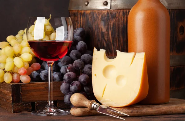 Wine Bottle Grapes Cheese Glass Red Wine Old Wooden Barrel — Stock Photo, Image