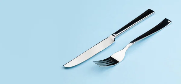 Fork Knife Blue Background Copy Space — Stock Photo, Image