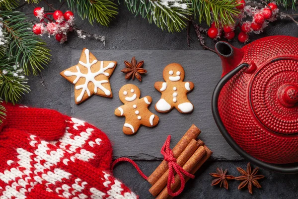 Weihnachtskarte Mit Lebkuchen Tee Und Tannenbaum Draufsicht Flach Gelegt — Stockfoto