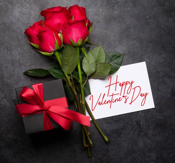 Valentines Day Greeting Card Red Rose Flowers Bouquet Gift Box — Foto de Stock