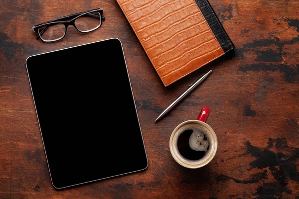 Tablet Blank Screen Desk Coffee Cup Office Supplies Top View — Stock Photo, Image