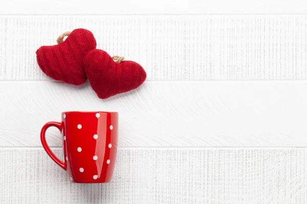 Koffiekopje Hartvormige Inrichting Bovenaanzicht Plat Lag Met Kopieerruimte Valentijnsdag Wenskaart — Stockfoto