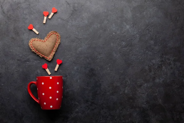 Taza Café Decoración Forma Corazón Vista Superior Plano Con Espacio — Foto de Stock