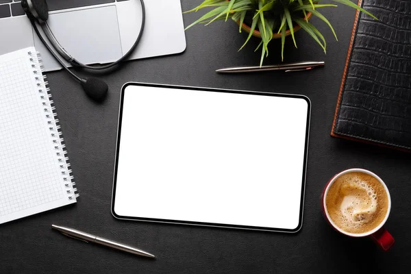 Tablet Blank Screen Desk Coffee Cup Office Supplies Top View — Fotografia de Stock