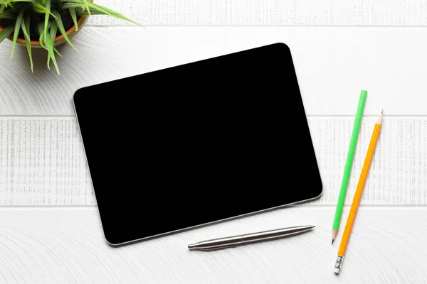 Tablet Blank Screen Desk Office Supplies Top View Flat Lay — Stock Photo, Image