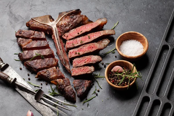 Grilled Porterhouse Beef Steak Sliced Bone Herbs Spices — Stockfoto