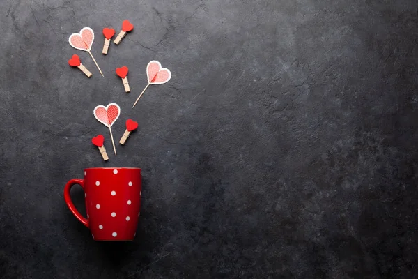 Taza Café Decoración Forma Corazón Vista Superior Plano Con Espacio — Foto de Stock