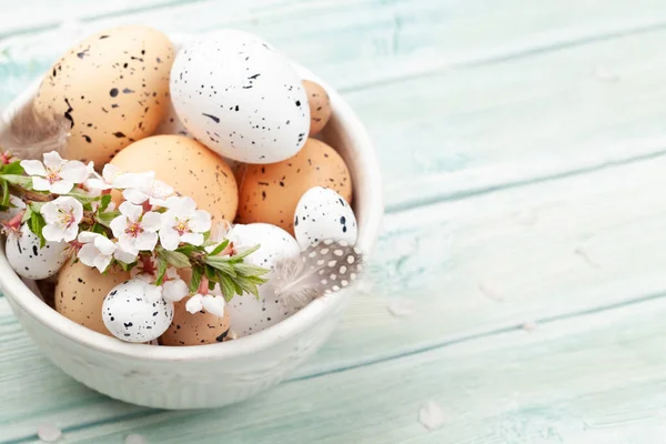 Πασχαλινά Αυγά Και Άνθη Κερασιάς Ανοιξιάτικη Ευχετήρια Κάρτα Αντίγραφο — Φωτογραφία Αρχείου