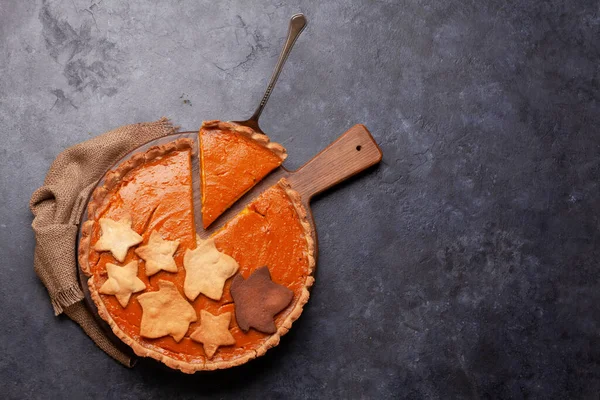 Torta Zucca Fatta Casa Tavola Legno Varie Zucche Vista Dall — Foto Stock