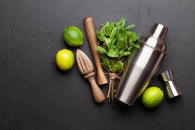 Mojito kokteyli yapmak. Malzemeler ve içecek aletleri. Tarifiniz için en üstteki görünüm dairesi boşluk ile yatıyordu
