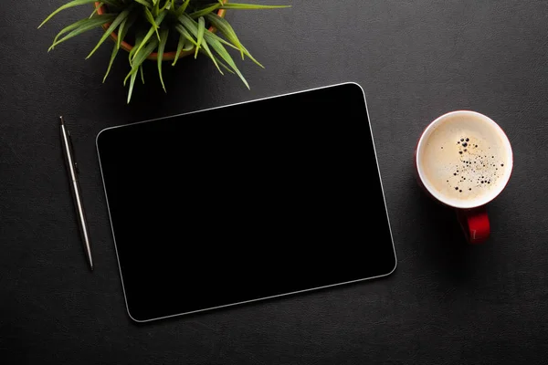 Tablet Blank Screen Desk Coffee Cup Office Supplies Top View — Fotografia de Stock