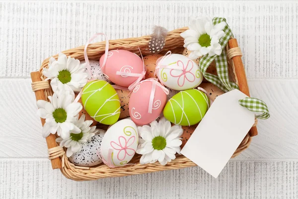 Tarjeta Felicitación Pascua Con Huevos Pascua Flores Vista Superior Plano — Foto de Stock