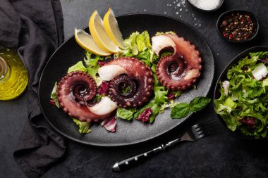 Izgara ahtapot ve salata. Üst görünüm düzlüğü