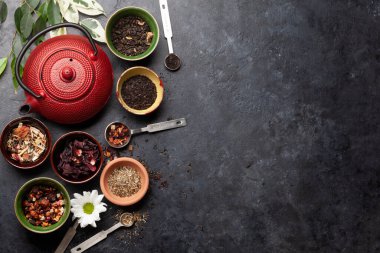 Çeşitli kurutulmuş çay ve çaydanlık. Üst görünüm düzlüğü kopyalama alanı ile yatıyordu