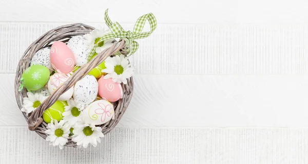 Easter Greeting Card Easter Eggs Flowers Basket Top View Flat — Stock Photo, Image
