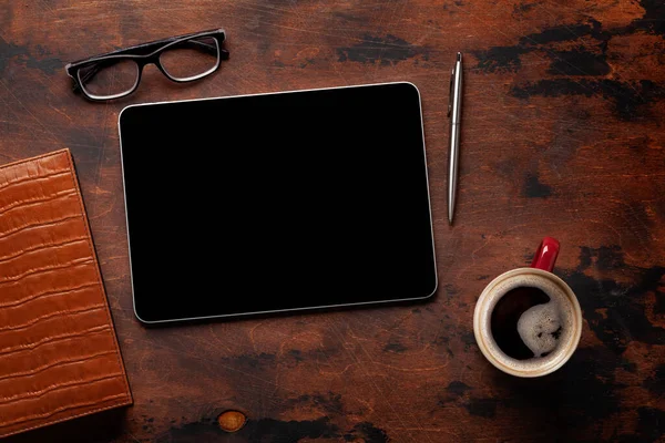Tablet Blank Screen Desk Coffee Cup Office Supplies Top View — Fotografia de Stock
