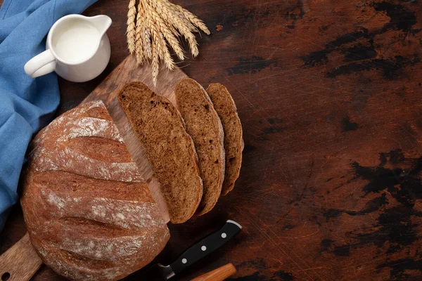 Homemade Bread Wooden Table Flat Lay Copy Space — Stock Photo, Image