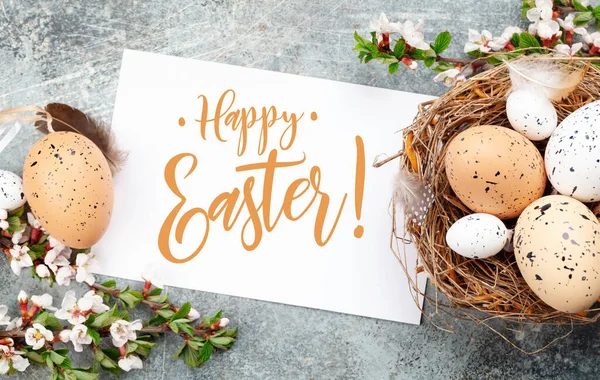 Πασχαλινά Αυγά Στη Φωλιά Και Άνθη Κερασιάς Ανοιξιάτικη Ευχετήρια Κάρτα — Φωτογραφία Αρχείου