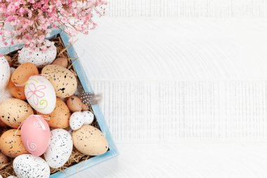 Paskalya tebrik kartı, içinde paskalya yumurtaları ve çiçekler var. Üst görünüm düzlüğü kopyalama alanı ile yatıyordu