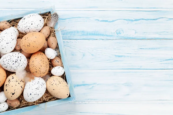 Ευχετήρια Κάρτα Πάσχα Πασχαλινά Αυγά Πάνω Όψη Επίπεδη Θέσει Αντίγραφο — Φωτογραφία Αρχείου