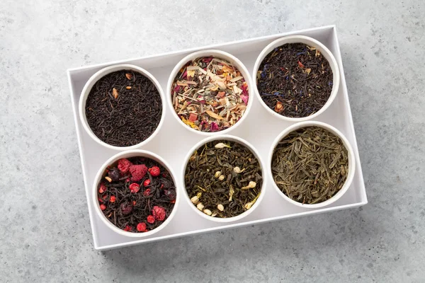 Various Dried Tea Box Top View Flat Lay — Stock Photo, Image