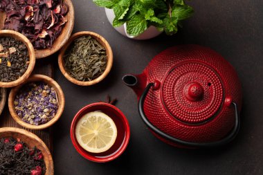 Çeşitli kurutulmuş çaylar. Bitki, böğürtlen, yeşil ve siyah çay yaprakları. Üst görünüm düzlüğü