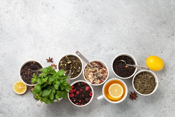 Various Dried Tea Top View Flat Lay Copy Space — Stock Photo, Image