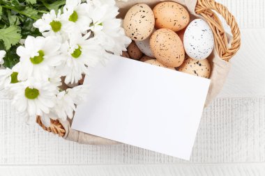 Paskalya tebrik kartı, paskalya yumurtası ve çiçekler. Üst görünüm düzlüğü kopyalama alanı ile yatıyordu