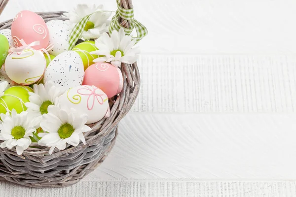 Easter Greeting Card Easter Eggs Flowers Basket Top View Copy — Stock Photo, Image