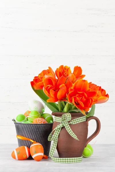 Tulip Flowers Bouquet Easter Eggs Easter Greeting Card Template Space — Stock Photo, Image