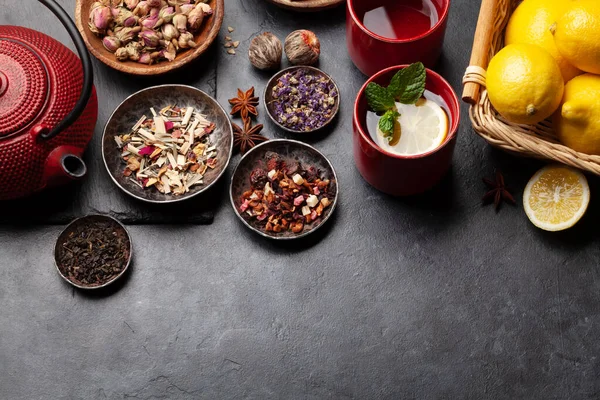 Verschiedene Getrocknete Tees Und Teekannen Kräuter Grün Beeren Und Schwarztee — Stockfoto