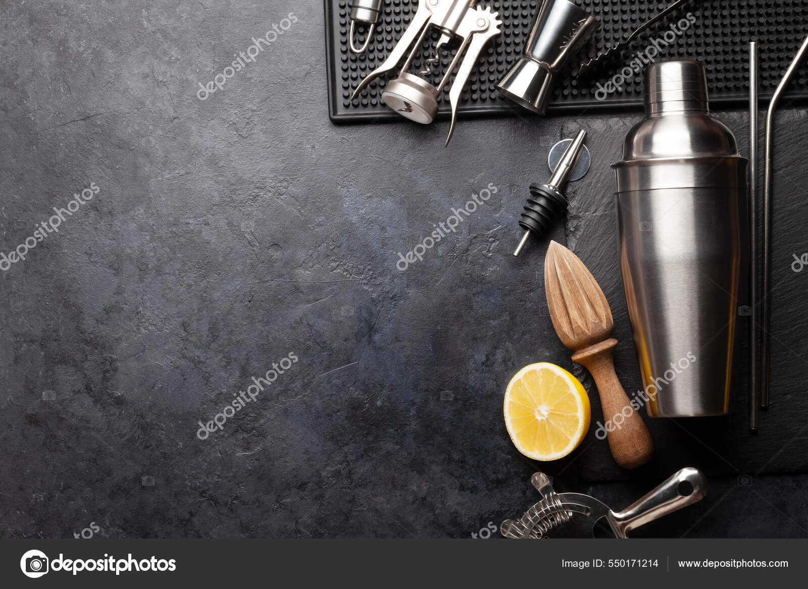 Various Cocktail Utensil Set Shaker Strainer Juicer Top View Flat Stock