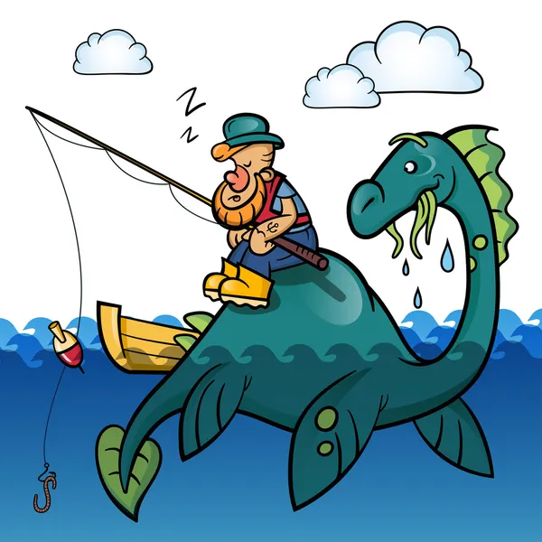 Fisherman and dinosaur — Stock Vector