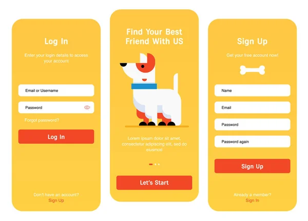 Inicie Pantallas Para Aplicaciones Móviles Inicie Sesión Inicie Sesión Formularios — Archivo Imágenes Vectoriales