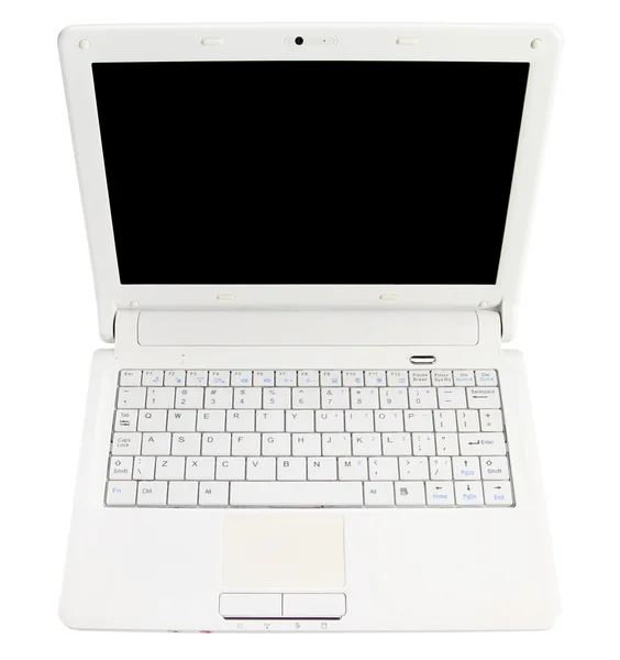 与黑色的屏幕在白色背景上的白色打开笔记本电脑 — 图库照片