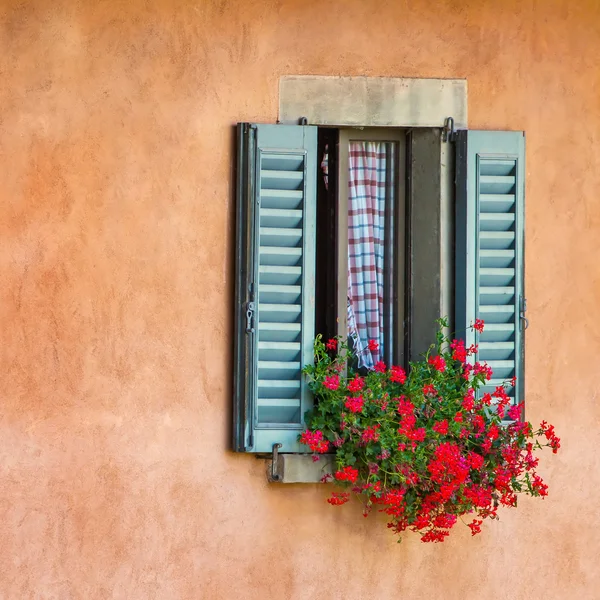 Ventanas vintage con persianas de madera abiertas y flores frescas — Foto de Stock