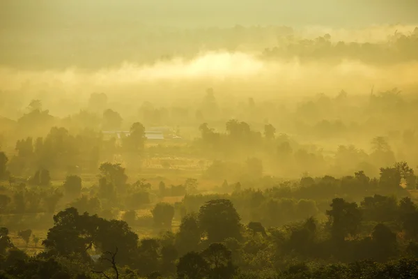 Sabah güneş puslu kırsal manzara üzerinde — Stok fotoğraf