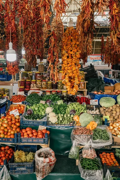 Variety of fresh fruits and vegetables at local market in Turkey — Stock Photo, Image