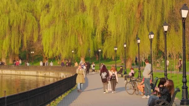 Les gens marchent sur le bord de l'eau du lac Valea Morilor à Chisinau, Moldavie — Video