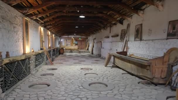 Interior of the traditional wine cellar with qvevri in Georgia — Stock Video